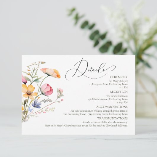 Wasserfarben Wildblumen Hochzeitsdetails Begleitkarte (Stehend Vorderseite)