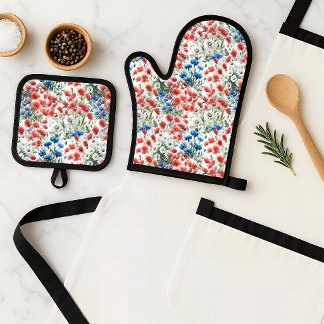 Wasserfarben-Wildblumen-Mohn-Gänseblümchen-Topflap Ofenhandschuh & Topflappen-Set