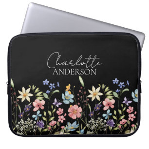 Wasserfarben-Wildblumen-Name Monogramm Schwarz Laptopschutzhülle
