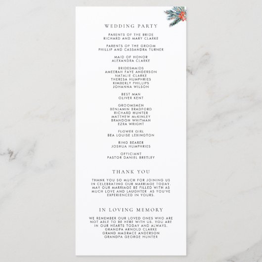 Wasserfarben Winter Blooms Garland Hochzeit Programm (Rückseite)