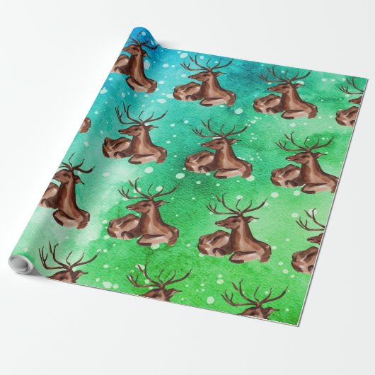Wasserfarben Winter Weihnachtswald Hirsche Tiere Geschenkpapier (Ungerollt)