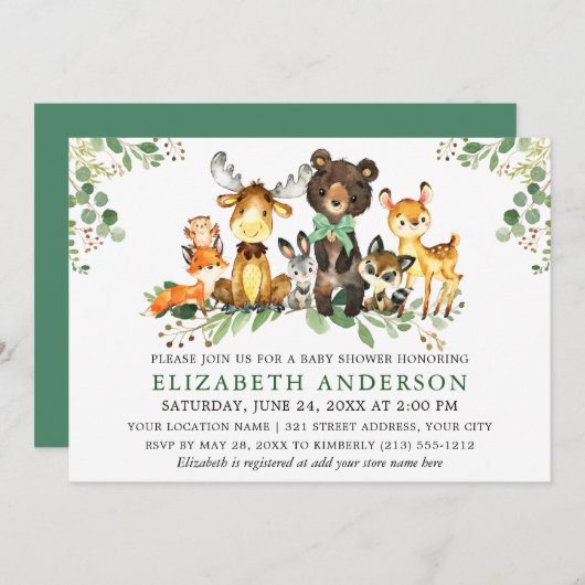 Wasserfarben-Woodland-Tiere Bow Baby-Dusche Einladung (Vorne/Hinten)