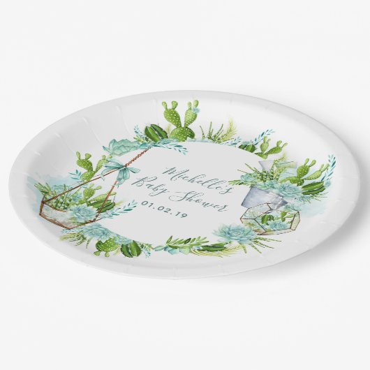 Wasserfarben-Wüste-Kaktus Succulents Babydusche Pappteller (Schrägansicht)