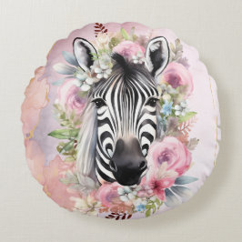 Wasserfarben-Zebra und Blumenreath Rundes Kissen