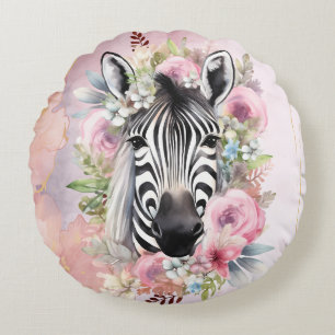Wasserfarben-Zebra und Blumenreath Rundes Kissen