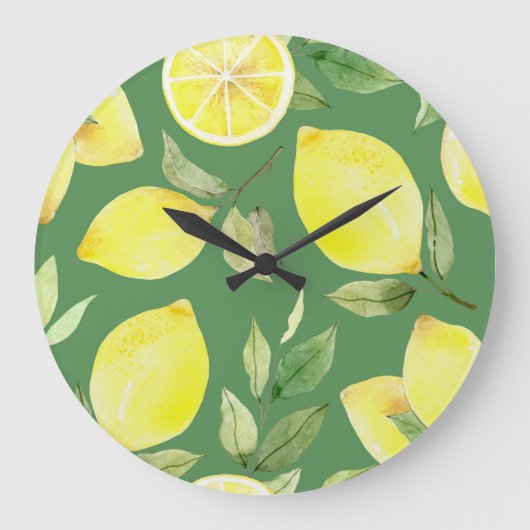 Wasserfarben Zitrone, Fruchttapete Muster. Große Wanduhr (Vorderseite)