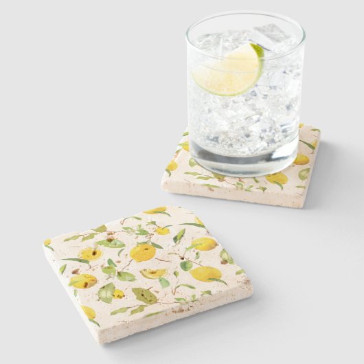 Wasserfarben-Zitrone und Blätter 2 Steinuntersetzer (Seitenansicht)