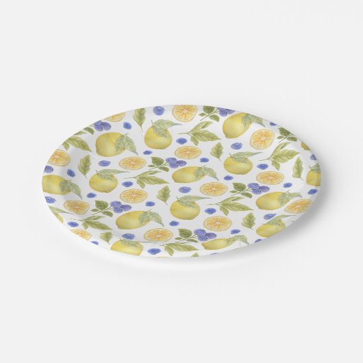 Wasserfarben Zitrone und Blueberry Obst mit Blätte Pappteller (Schrägansicht)
