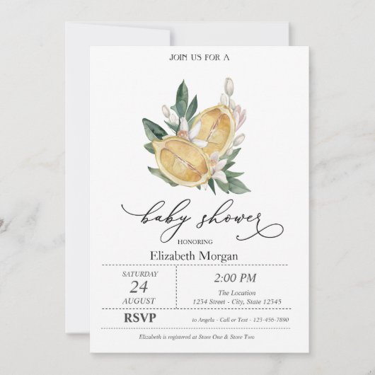 Wasserfarben-Zitronen Botanische Babydusche Einladung (Vorderseite)