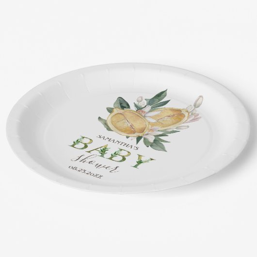 Wasserfarben-Zitronen Botanische Babydusche Pappteller (Schrägansicht)