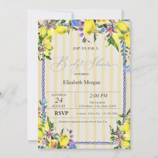 Wasserfarben Zitronen Gelbe Streifen Babydusche Einladung (Vorderseite)