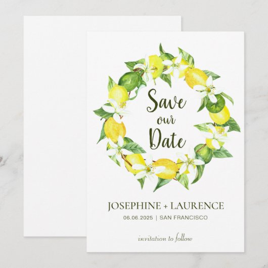 Wasserfarben-Zitronen-Grüntöne Wreath Save the Dat Date (Vorne/Hinten)