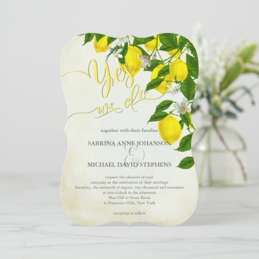 Wasserfarben-Zitronen-Hochzeit und Hochzeit im Grü Einladung (Stehend Vorderseite)