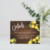 Wasserfarben-Zitronen Hochzeitsdetails über rustik Save The Date (Stehend Vorderseite)