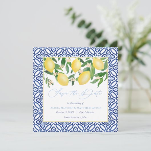 Wasserfarben-Zitronen mit spanischem Fliesenpulver Save The Date (Stehend Vorderseite)