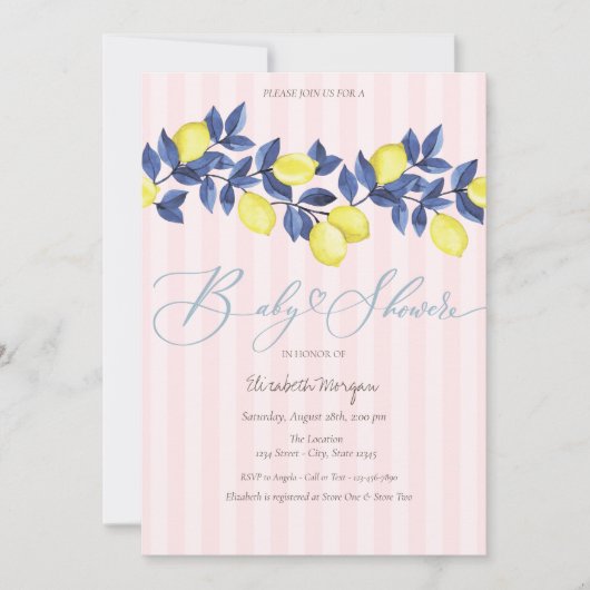 Wasserfarben Zitronen Rosa Stripte Kinderdusche Einladung (Vorderseite)