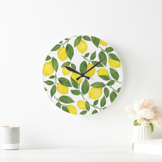 Wasserfarben-Zitronen: Sommerfruchtmuster Große Wanduhr (Zuhause)
