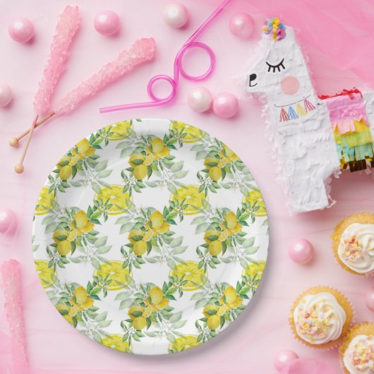 Wasserfarben-Zitronen und -Blätter Papierplatte Pappteller (Party)