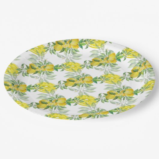 Wasserfarben-Zitronen und -Blätter Papierplatte Pappteller (Schrägansicht)