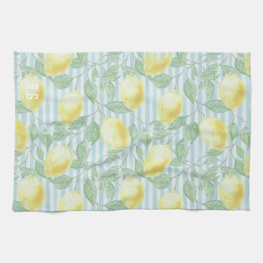 Wasserfarben-Zitronen und blaue Streifen Mit Monog Geschirrtuch (Horizontal)
