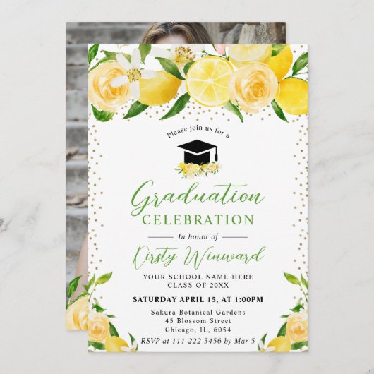 Wasserfarben-Zitronen und Blume Abschluss Einladung (Vorne/Hinten)