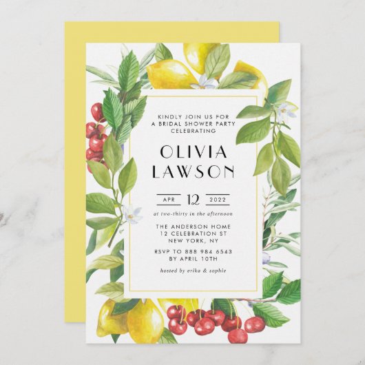 Wasserfarben-Zitronen und Cranberries-Brautparty Einladung (Vorne/Hinten)