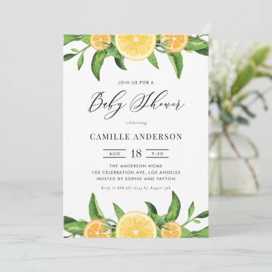 Wasserfarben-Zitronen und Orangen-Sommer-Babydusch Einladung (Stehend Vorderseite)