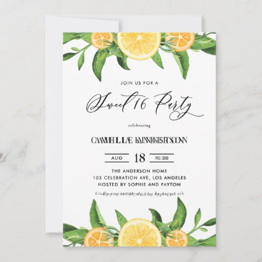 Wasserfarben Zitronen und Orangen Süß 16 Party Einladung (Vorderseite)