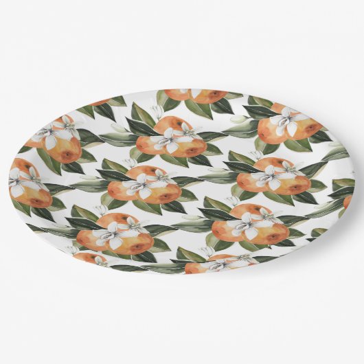 Wasserfarben Zitrus Orange Süsse Mandarine Frucht Pappteller (Schrägansicht)