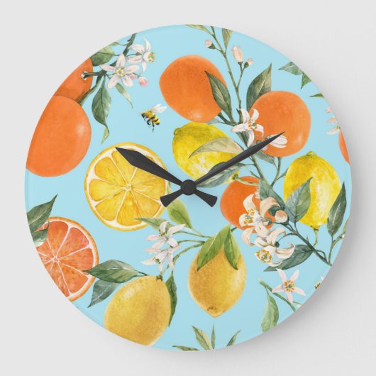 Wasserfarben-Zitrusfrüchte: Handgezogene Früchte Große Wanduhr (Vorderseite)