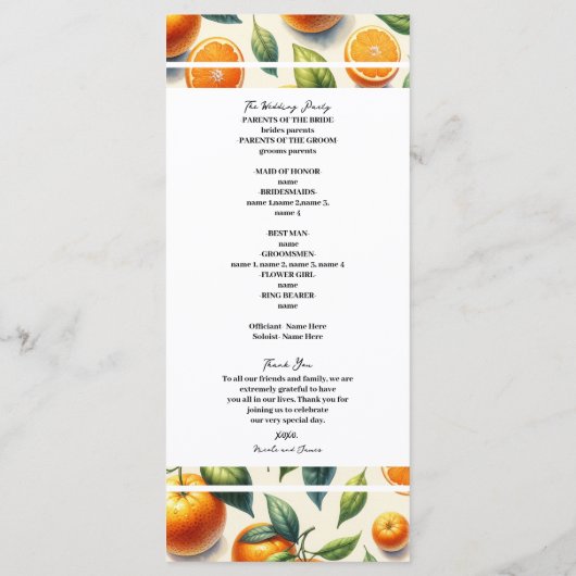 Wasserfarben Zitrusfrüchte Orange Blätter Hochzeit Programm (Rückseite)