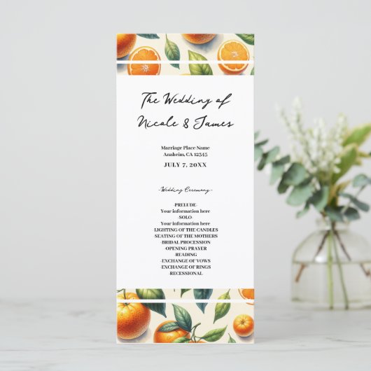 Wasserfarben Zitrusfrüchte Orange Blätter Hochzeit Programm (Stehend Vorderseite)