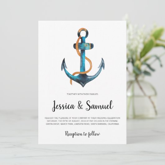 Wasserfarbenanker Moderne Nautische Hochzeit Einladung (Stehend Vorderseite)