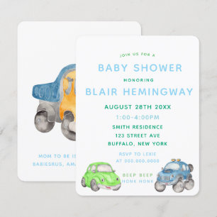 Wasserfarbenautos Boy Babydusche Einladung