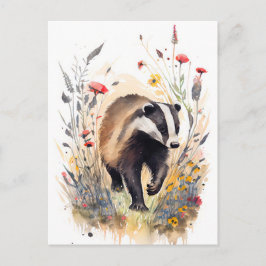 WasserfarbenBadger, der durch eine Blume-Wiese läu Postkarte