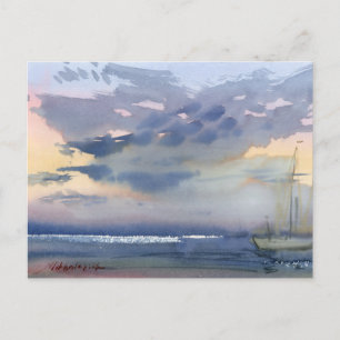 Wasserfarbenbild Segelboot am Abend und dramatisch Postkarte