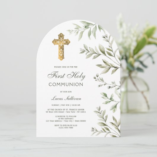 Wasserfarbenblätterbogen Erste Kommune Einladung (Stehend Vorderseite)