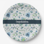 Wasserfarbenblau auf hellgrauem, floralem, kundens pappteller (Vorderseite)