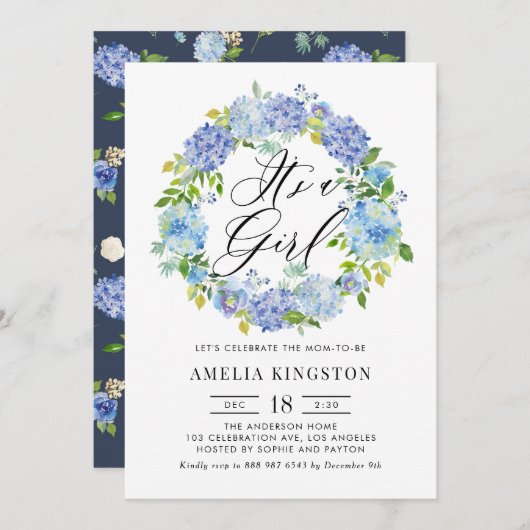 Wasserfarbenblau Hydrangea Kranich Es ist ein Mädc Einladung (Vorne/Hinten)