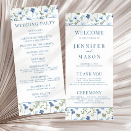 Wasserfarbenblaue Blumen rustikales Hochzeitsprogr