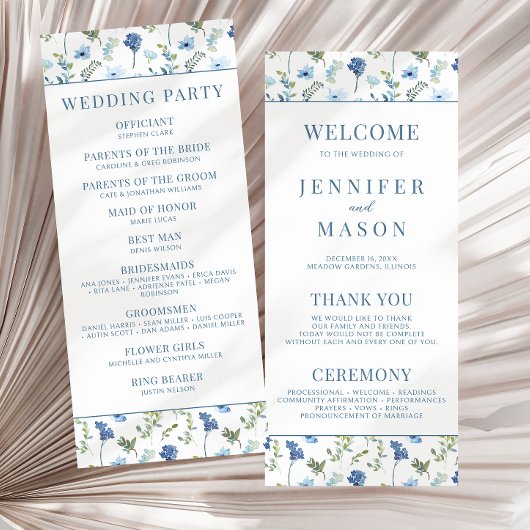 Wasserfarbenblaue Blumen rustikales Hochzeitsprogr