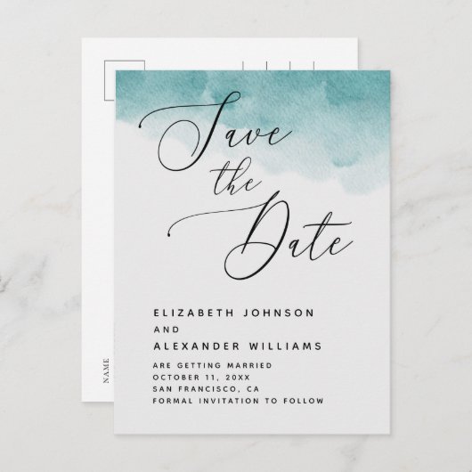 Wasserfarbenblaue Wasserhochzeit Das Datum speiche Ankündigungspostkarte (Vorne/Hinten)