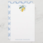 Wasserfarbenblauer Bow Lemons Personalisiert Briefpapier (Vorne/Hinten)