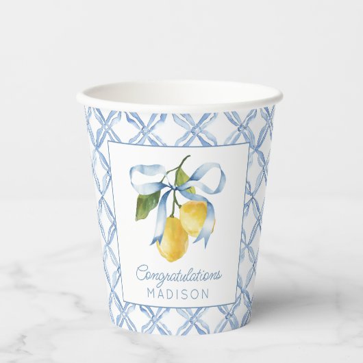 Wasserfarbenblauer Bow Lemons Personalisiert Pappbecher (Vorderseite)