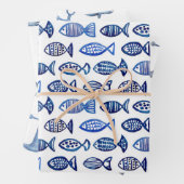 Wasserfarbenblaues nautisches Muster. Fische, Wale Geschenkpapier Set (Beispiel)