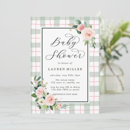 Wasserfarbenblüte| Pastel Kariert Babydusche Einladung (Stehend Vorderseite)