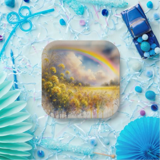 Wasserfarbenbogen über der Wildblume Wiese Pappteller (Party)