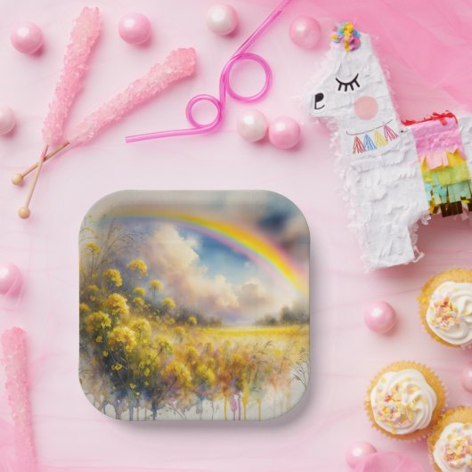 Wasserfarbenbogen über der Wildblume Wiese Pappteller (Party)