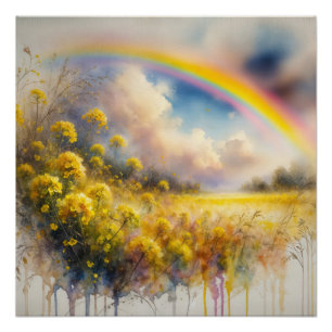 Wasserfarbenbogen über der Wildblume Wiese Poster