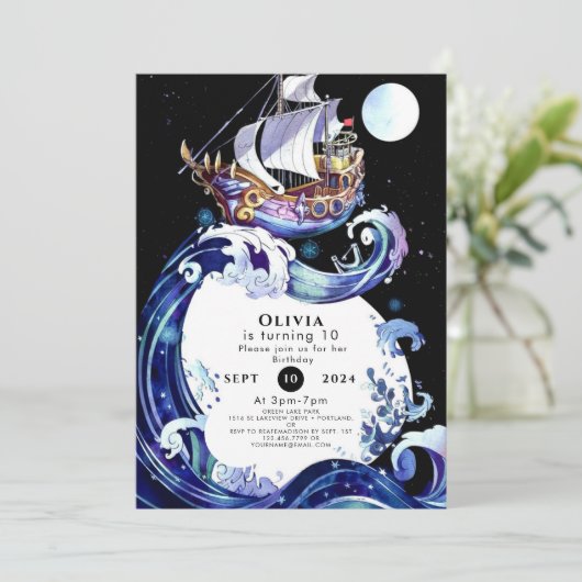 Wasserfarbenboot Adventure Pirate Birthday Einladung (Stehend Vorderseite)